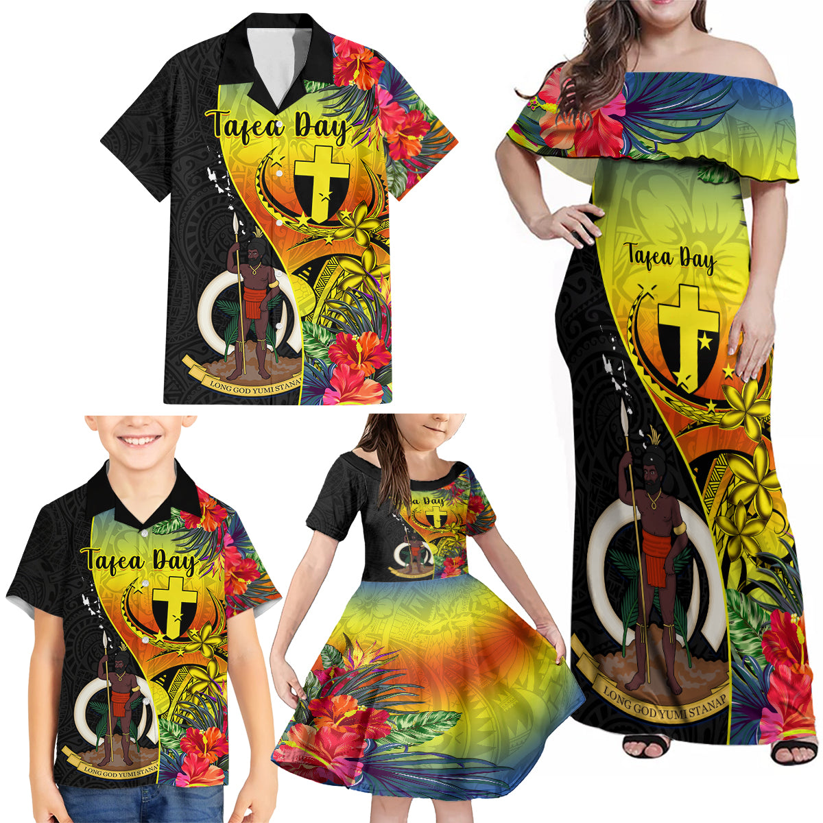 Personalised Vanuatu Tafea Day Family Matching Off Shoulder Maxi Dress and Hawaiian Shirt Coat Of Arms Mix Tropical Flowers LT14 - Polynesian Pride