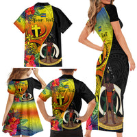 Personalised Vanuatu Tafea Day Family Matching Short Sleeve Bodycon Dress and Hawaiian Shirt Coat Of Arms Mix Tropical Flowers LT14 - Polynesian Pride