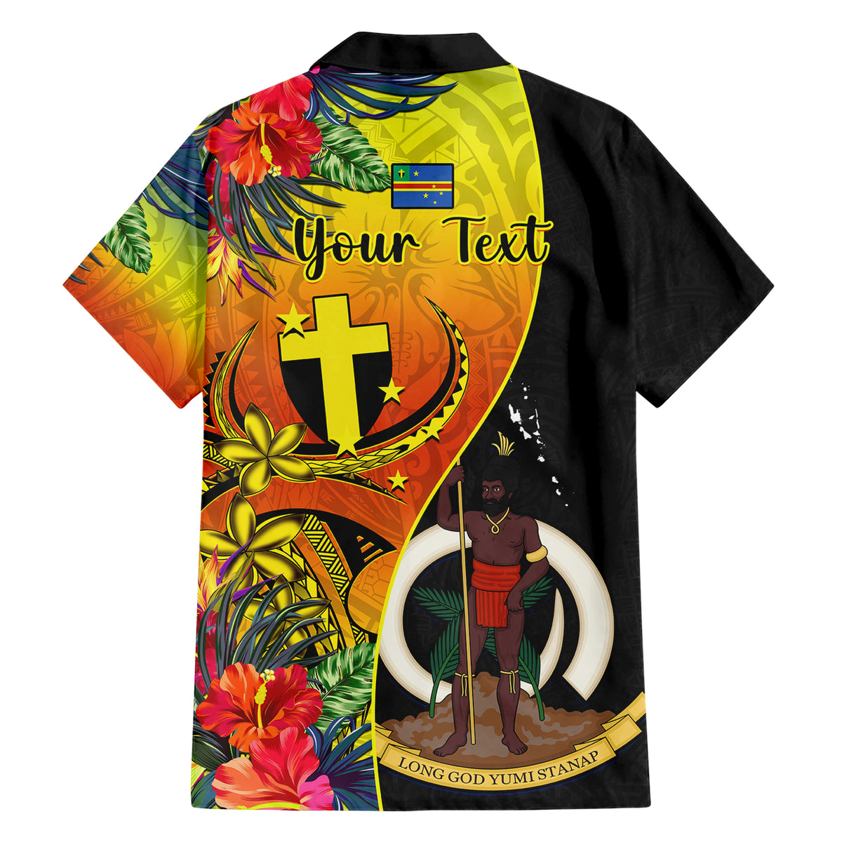 Personalised Vanuatu Tafea Day Family Matching Short Sleeve Bodycon Dress and Hawaiian Shirt Coat Of Arms Mix Tropical Flowers LT14 - Polynesian Pride