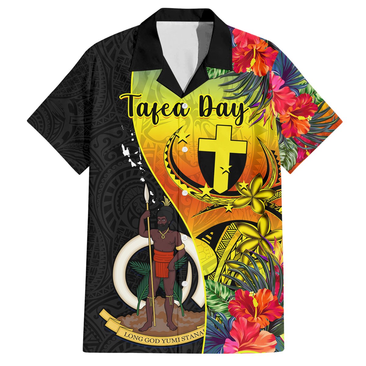 Personalised Vanuatu Tafea Day Hawaiian Shirt Coat Of Arms Mix Tropical Flowers LT14 Black - Polynesian Pride
