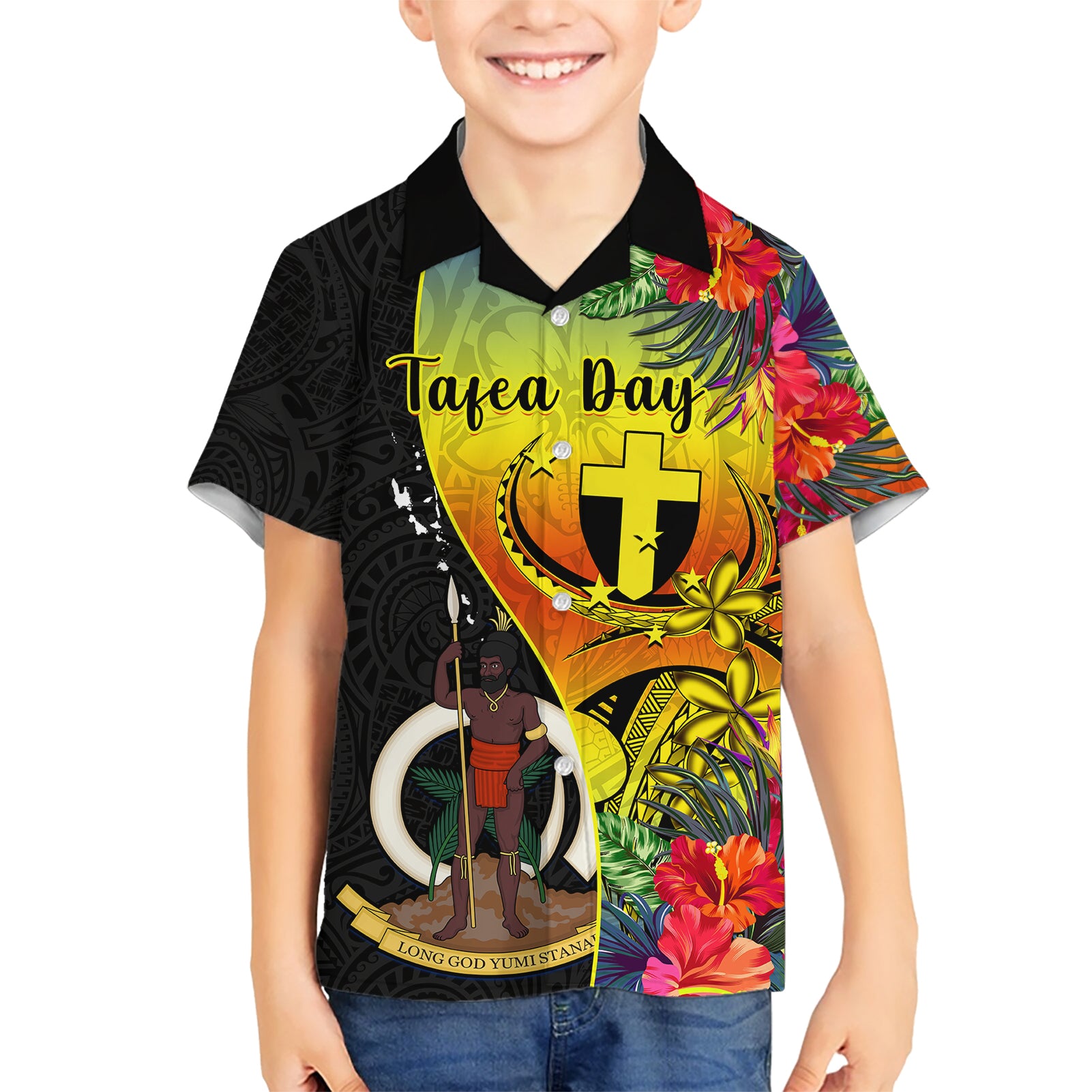 personalised-vanuatu-tafea-day-kid-hawaiian-shirt-coat-of-arms-mix-tropical-flowers