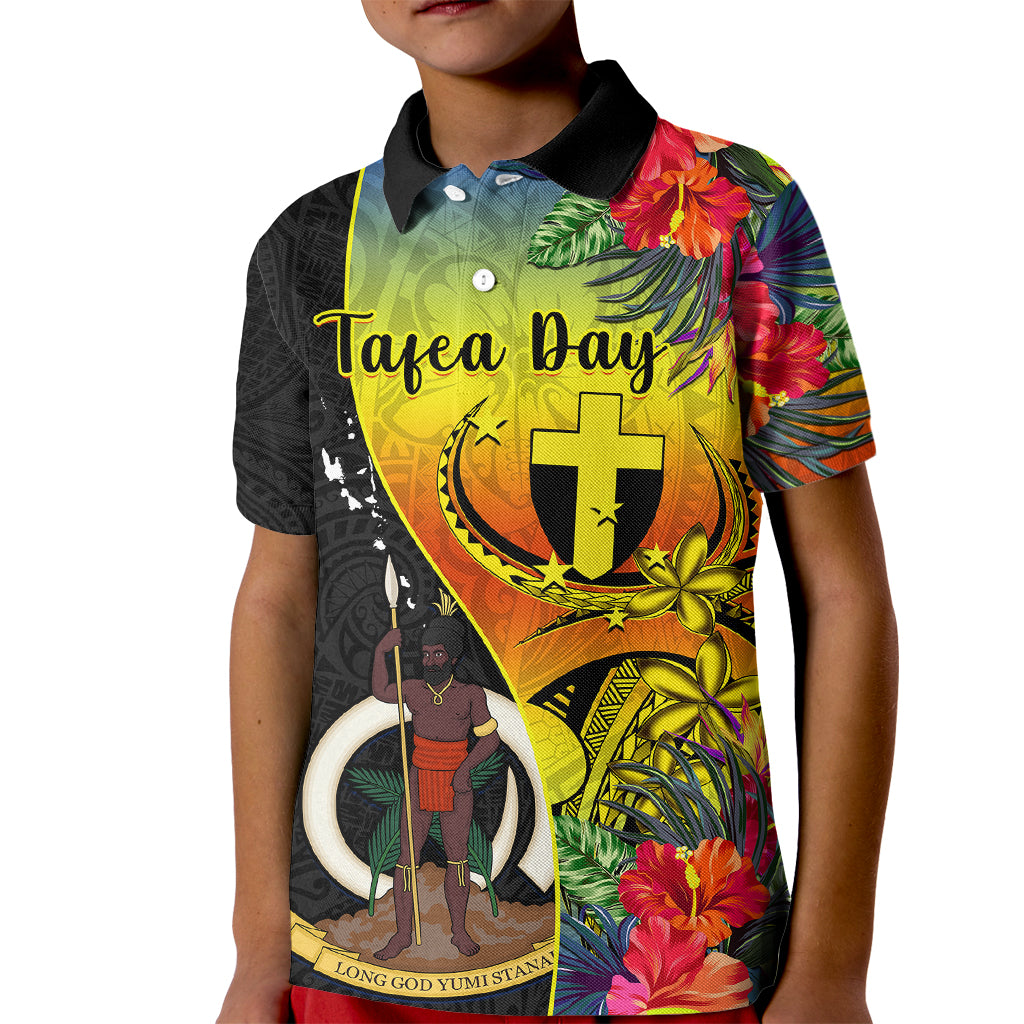 Personalised Vanuatu Tafea Day Kid Polo Shirt Coat Of Arms Mix Tropical Flowers LT14 Kid Black - Polynesian Pride