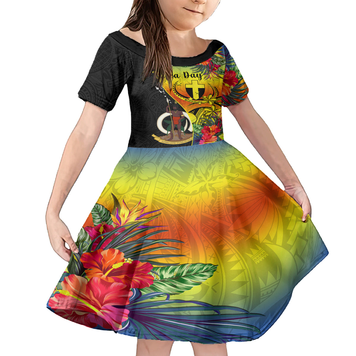 personalised-vanuatu-tafea-day-kid-short-sleeve-dress-coat-of-arms-mix-tropical-flowers