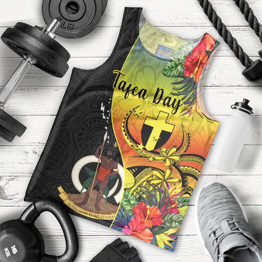 Personalised Vanuatu Tafea Day Men Tank Top Coat Of Arms Mix Tropical Flowers LT14 Black - Polynesian Pride