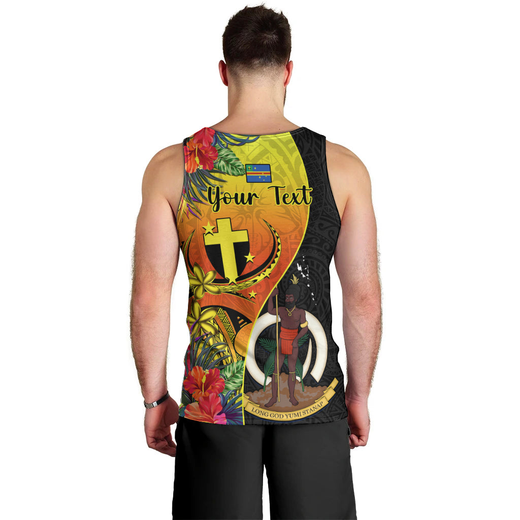 Personalised Vanuatu Tafea Day Men Tank Top Coat Of Arms Mix Tropical Flowers LT14 - Polynesian Pride