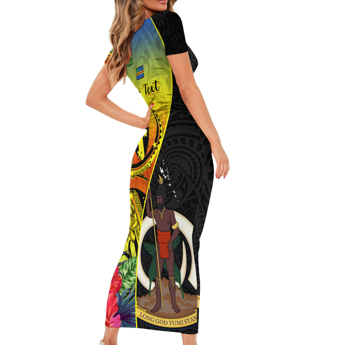 personalised-vanuatu-tafea-day-short-sleeve-bodycon-dress-coat-of-arms-mix-tropical-flowers