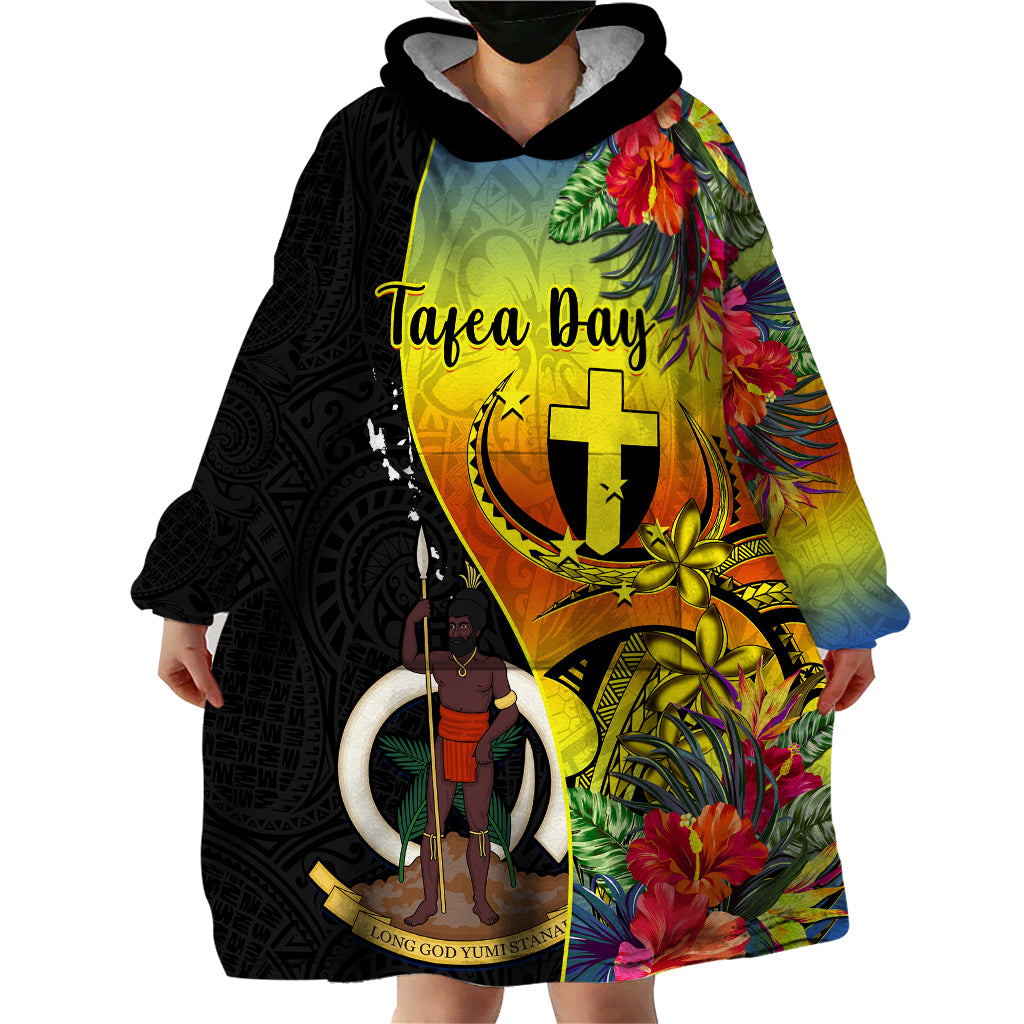 Personalised Vanuatu Tafea Day Wearable Blanket Hoodie Coat Of Arms Mix Tropical Flowers LT14 - Polynesian Pride