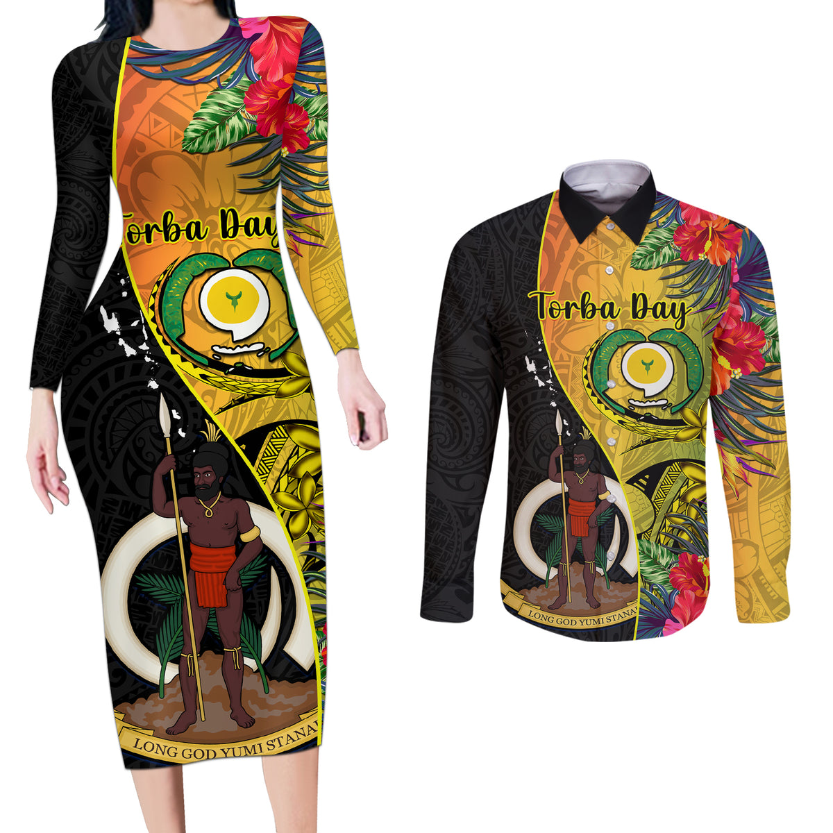 Vanuatu Torba Day Couples Matching Long Sleeve Bodycon Dress and Long Sleeve Button Shirts Coat Of Arms Mix Tropical Flowers LT14 Black - Polynesian Pride