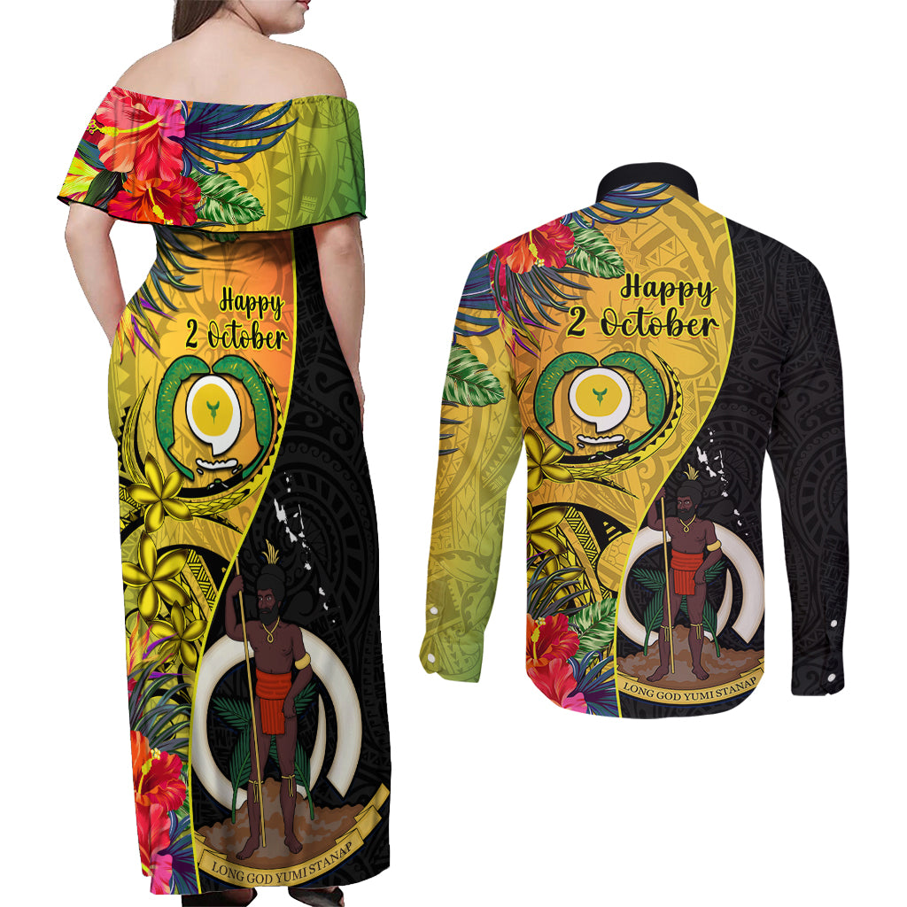 Vanuatu Torba Day Couples Matching Off Shoulder Maxi Dress and Long Sleeve Button Shirts Coat Of Arms Mix Tropical Flowers LT14 - Polynesian Pride
