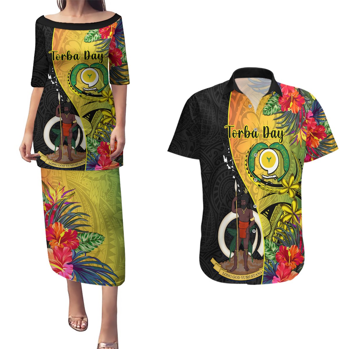 vanuatu-torba-day-couples-matching-puletasi-dress-and-hawaiian-shirt-coat-of-arms-mix-tropical-flowers