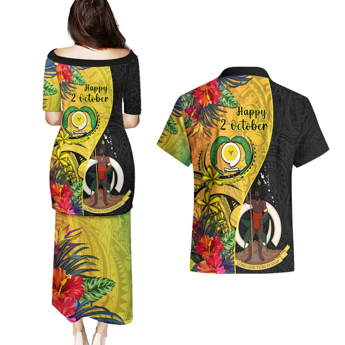 vanuatu-torba-day-couples-matching-puletasi-dress-and-hawaiian-shirt-coat-of-arms-mix-tropical-flowers