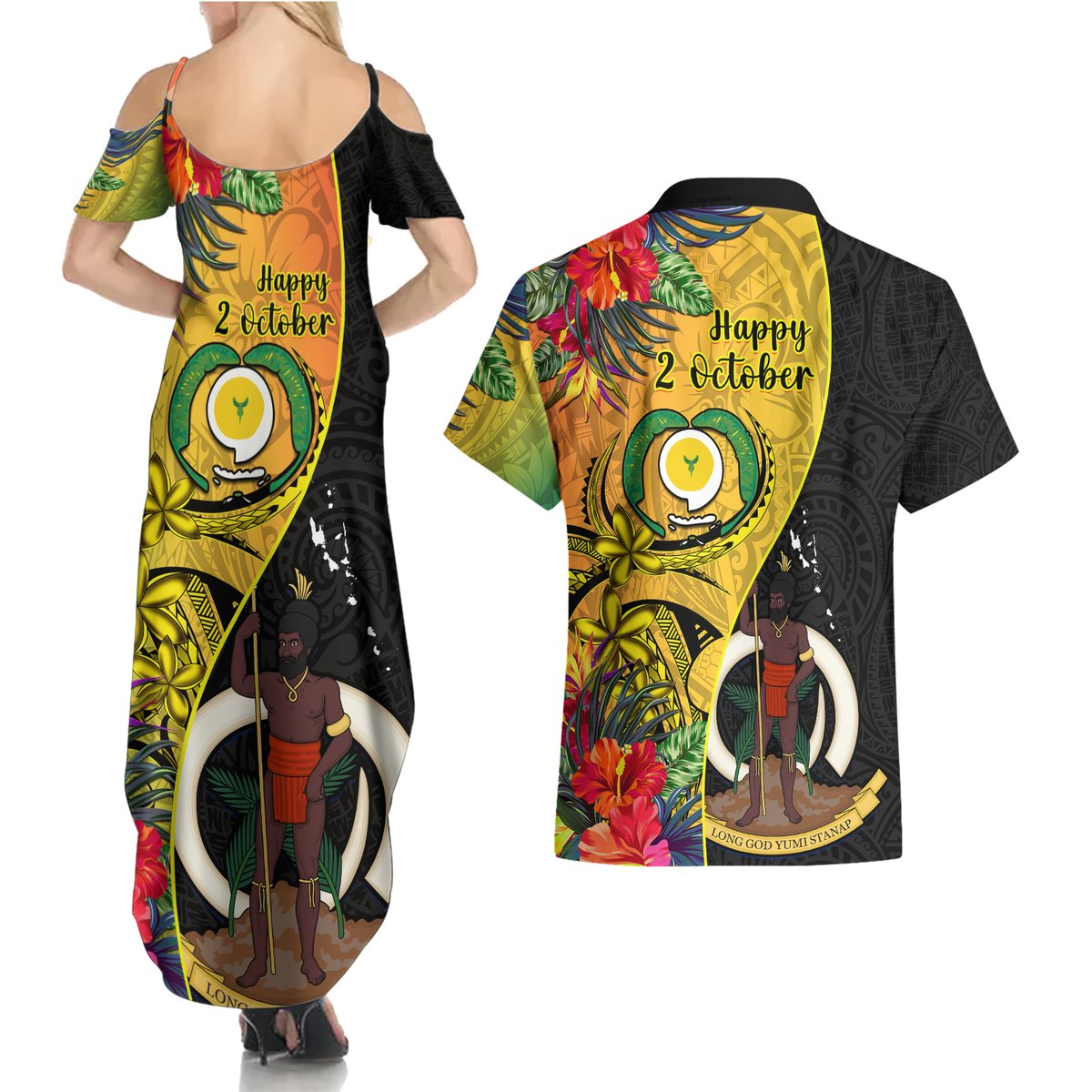 vanuatu-torba-day-couples-matching-summer-maxi-dress-and-hawaiian-shirt-coat-of-arms-mix-tropical-flowers