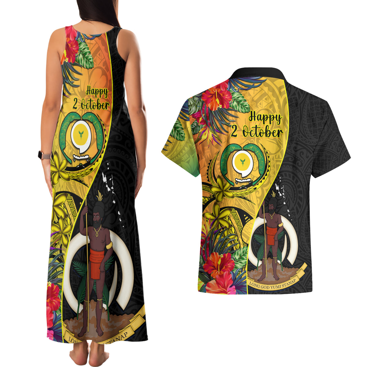 vanuatu-torba-day-couples-matching-tank-maxi-dress-and-hawaiian-shirt-coat-of-arms-mix-tropical-flowers