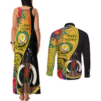 Vanuatu Torba Day Couples Matching Tank Maxi Dress and Long Sleeve Button Shirts Coat Of Arms Mix Tropical Flowers LT14 - Polynesian Pride