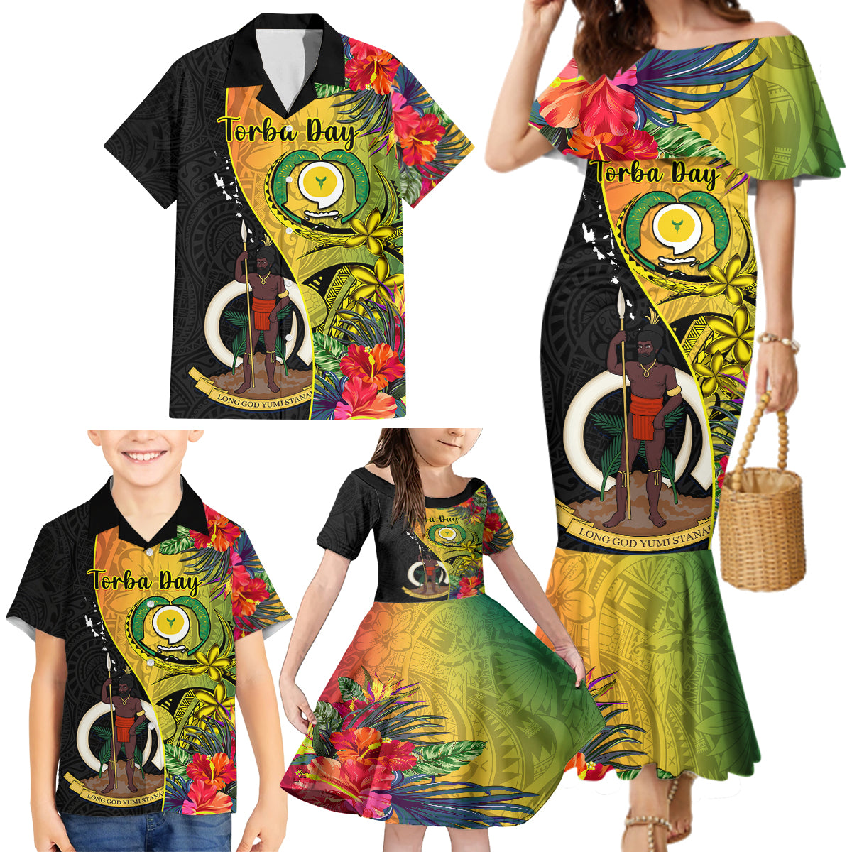 Vanuatu Torba Day Family Matching Mermaid Dress and Hawaiian Shirt Coat Of Arms Mix Tropical Flowers LT14 - Polynesian Pride