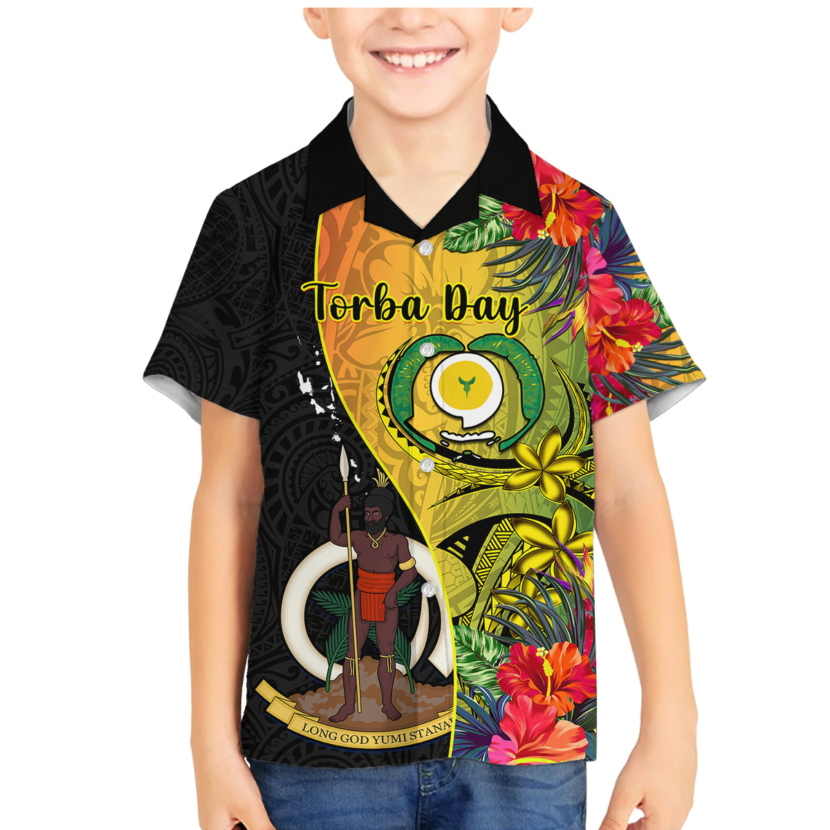Vanuatu Torba Day Family Matching Mermaid Dress and Hawaiian Shirt Coat Of Arms Mix Tropical Flowers LT14 Son's Shirt Black - Polynesian Pride