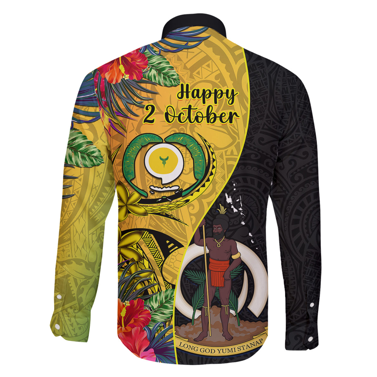 vanuatu-torba-day-family-matching-off-shoulder-long-sleeve-dress-and-hawaiian-shirt-coat-of-arms-mix-tropical-flowers