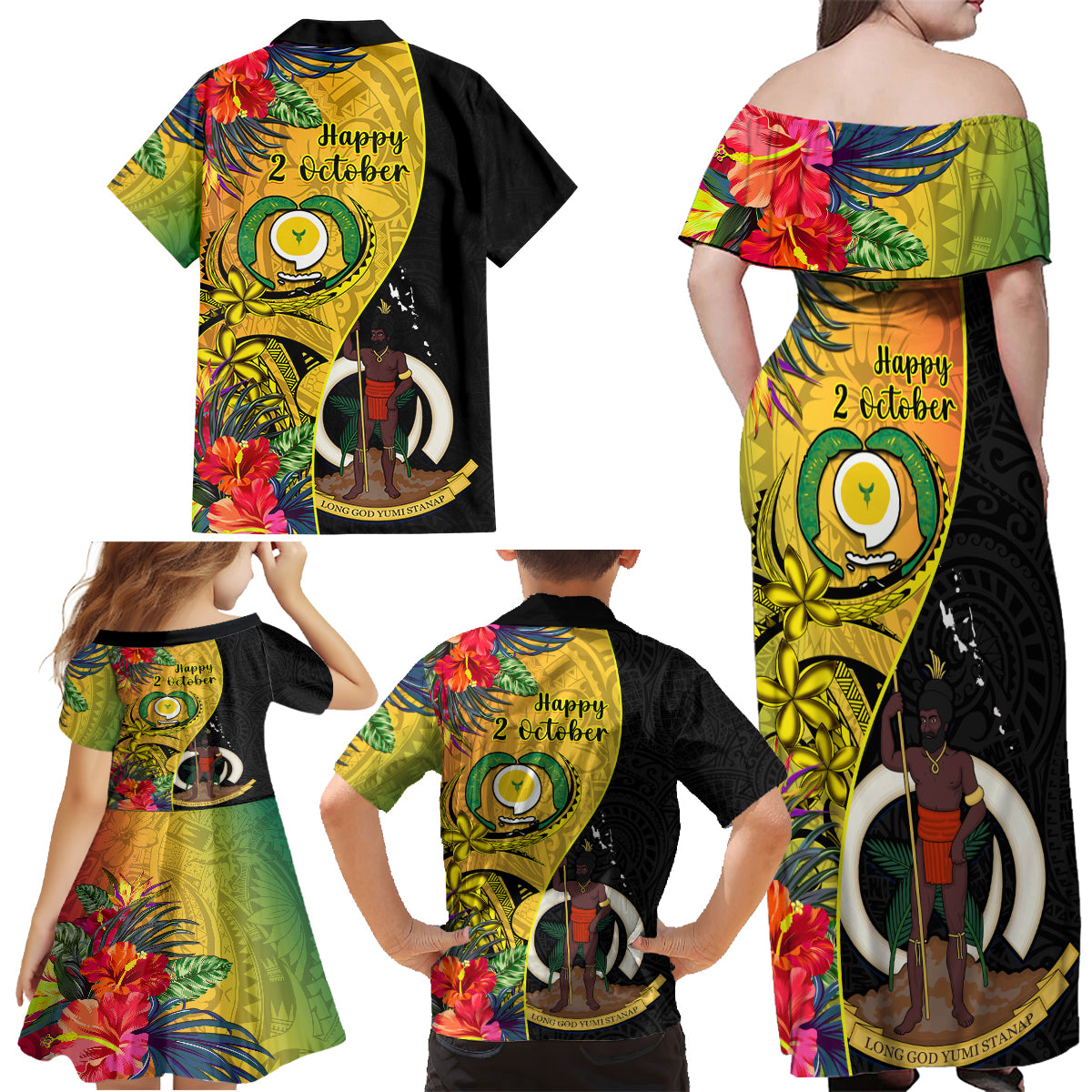 Vanuatu Torba Day Family Matching Off Shoulder Maxi Dress and Hawaiian Shirt Coat Of Arms Mix Tropical Flowers LT14 - Polynesian Pride