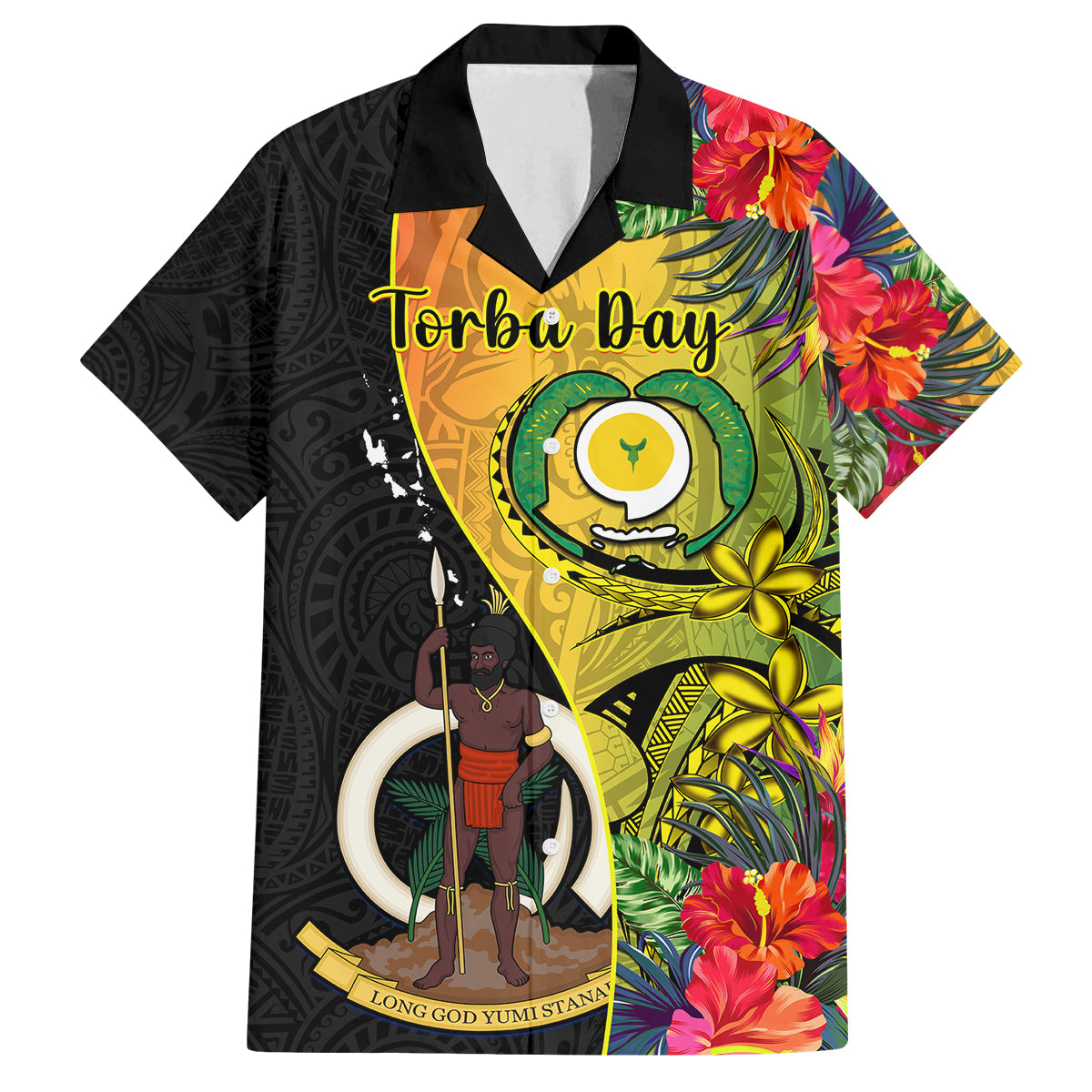 Vanuatu Torba Day Family Matching Off Shoulder Maxi Dress and Hawaiian Shirt Coat Of Arms Mix Tropical Flowers LT14 Dad's Shirt - Short Sleeve Black - Polynesian Pride