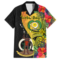 Vanuatu Torba Day Family Matching Off Shoulder Maxi Dress and Hawaiian Shirt Coat Of Arms Mix Tropical Flowers LT14 Dad's Shirt - Short Sleeve Black - Polynesian Pride