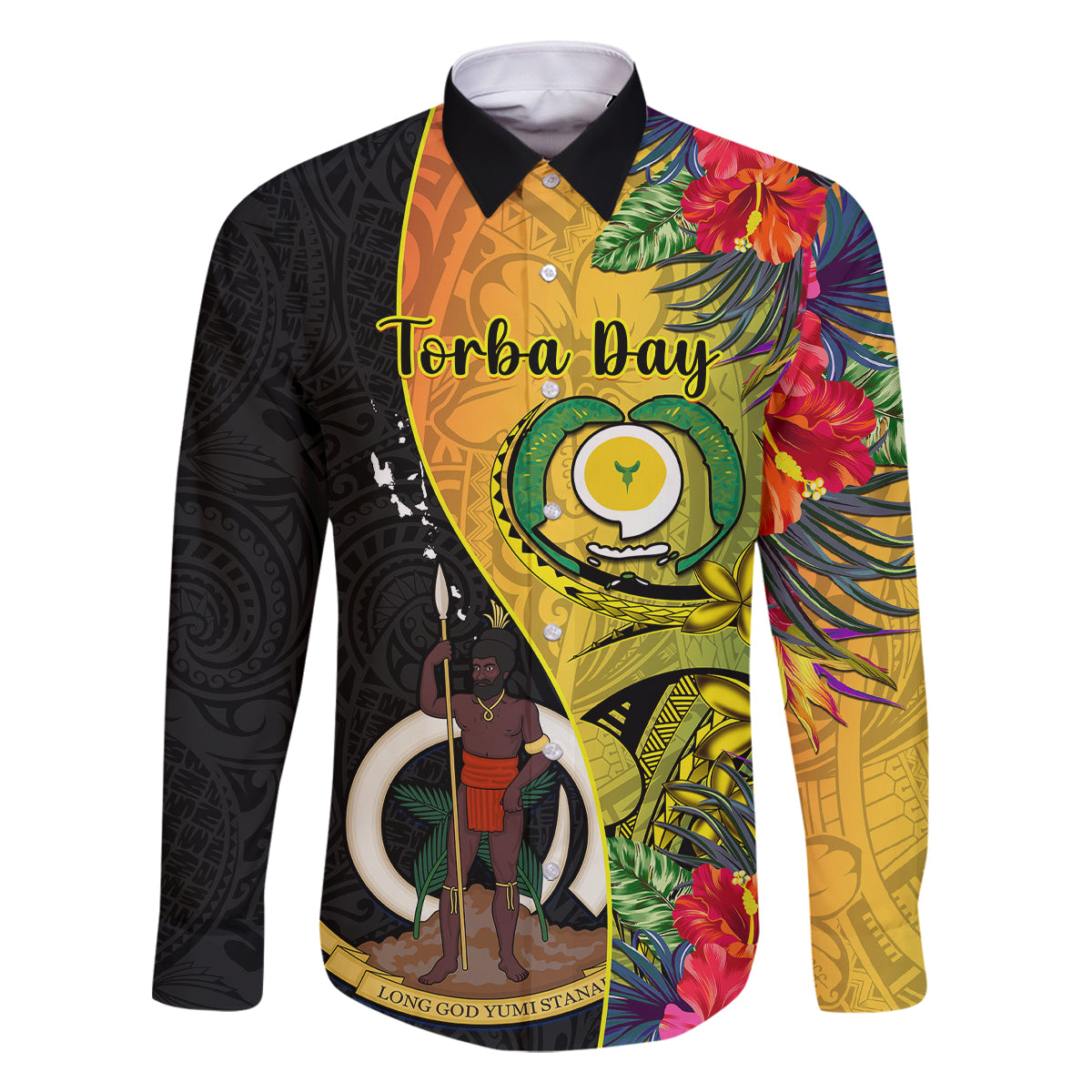 Vanuatu Torba Day Family Matching Off Shoulder Maxi Dress and Hawaiian Shirt Coat Of Arms Mix Tropical Flowers LT14 Dad's Shirt - Long Sleeve Black - Polynesian Pride