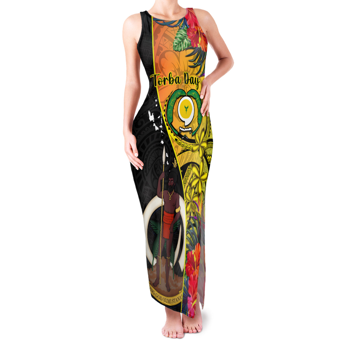 Vanuatu Torba Day Family Matching Tank Maxi Dress and Hawaiian Shirt Coat Of Arms Mix Tropical Flowers LT14 Mom's Dress Black - Polynesian Pride