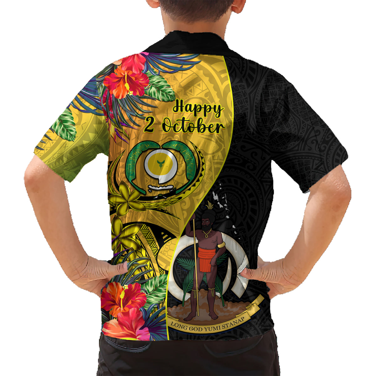 vanuatu-torba-day-kid-hawaiian-shirt-coat-of-arms-mix-tropical-flowers