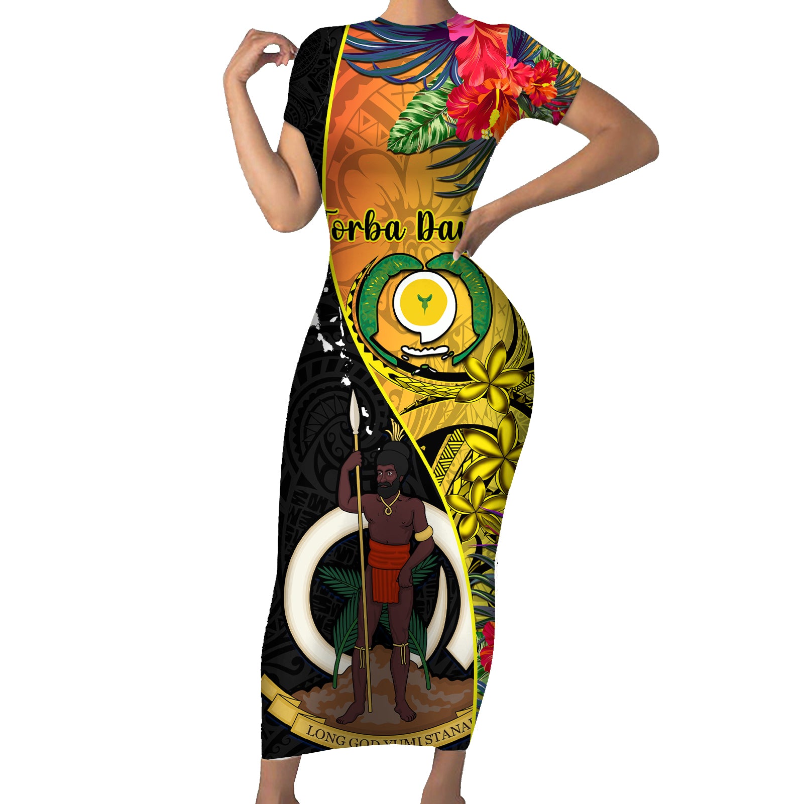 vanuatu-torba-day-short-sleeve-bodycon-dress-coat-of-arms-mix-tropical-flowers