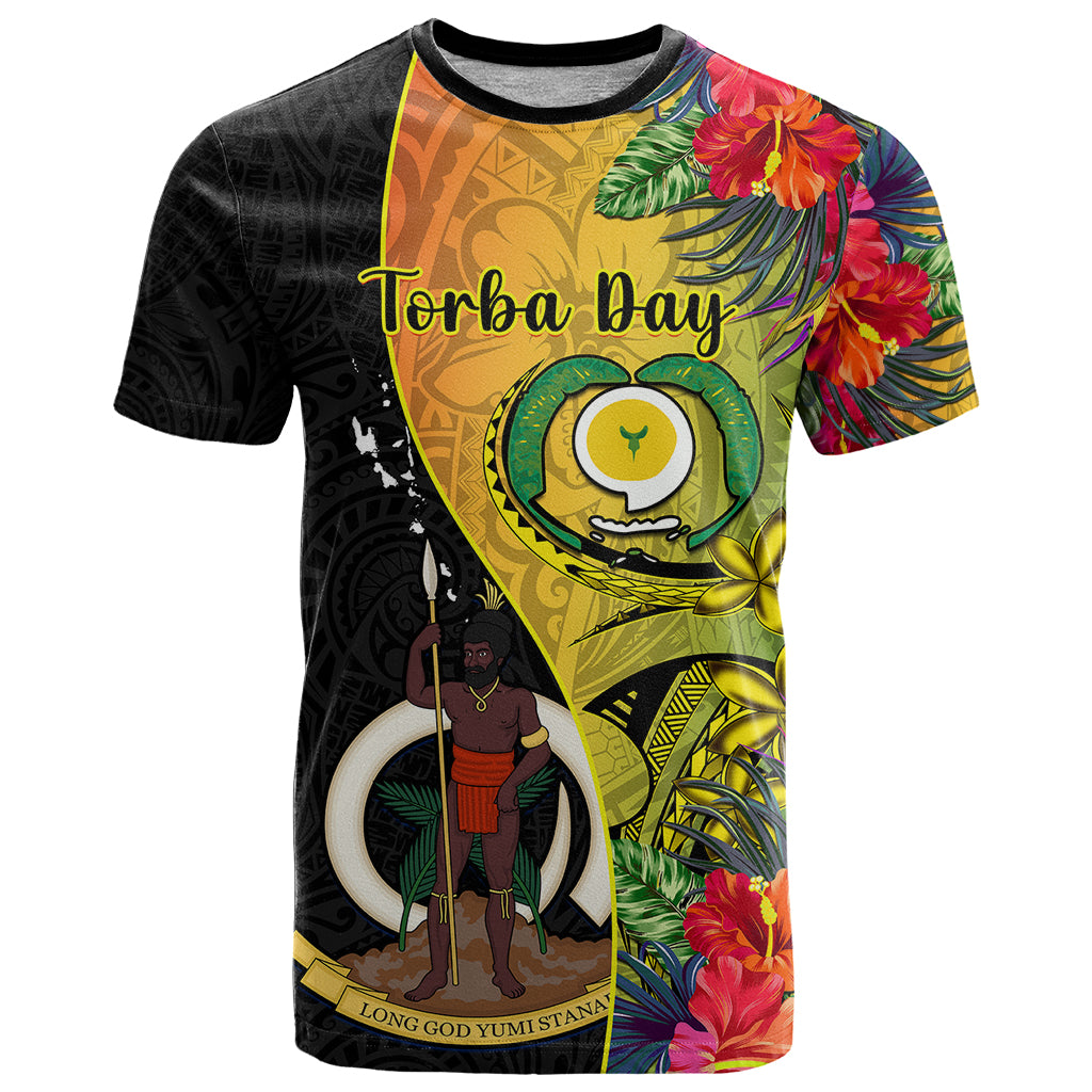 Vanuatu Torba Day T Shirt Coat Of Arms Mix Tropical Flowers LT14 Black - Polynesian Pride