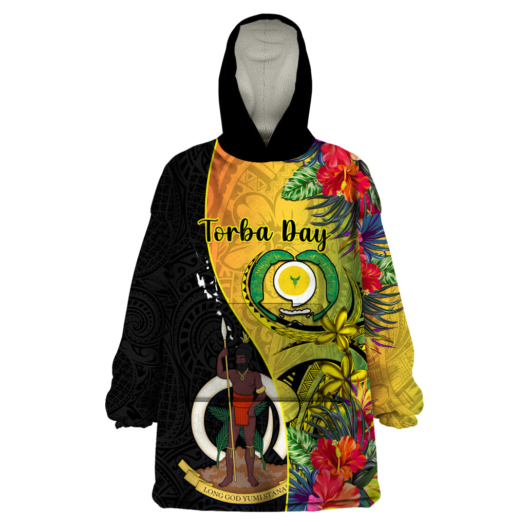 Vanuatu Torba Day Wearable Blanket Hoodie Coat Of Arms Mix Tropical Flowers LT14 One Size Black - Polynesian Pride