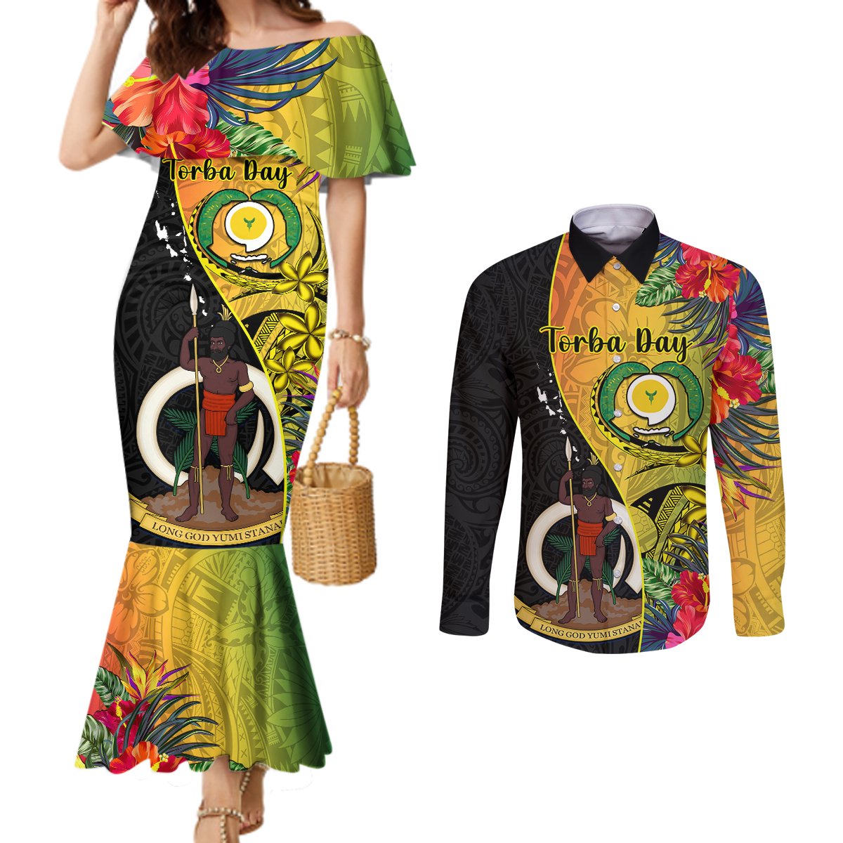 Personalised Vanuatu Torba Day Couples Matching Mermaid Dress and Long Sleeve Button Shirts Coat Of Arms Mix Tropical Flowers LT14 Black - Polynesian Pride