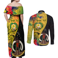 Personalised Vanuatu Torba Day Couples Matching Off Shoulder Maxi Dress and Long Sleeve Button Shirts Coat Of Arms Mix Tropical Flowers LT14 - Polynesian Pride
