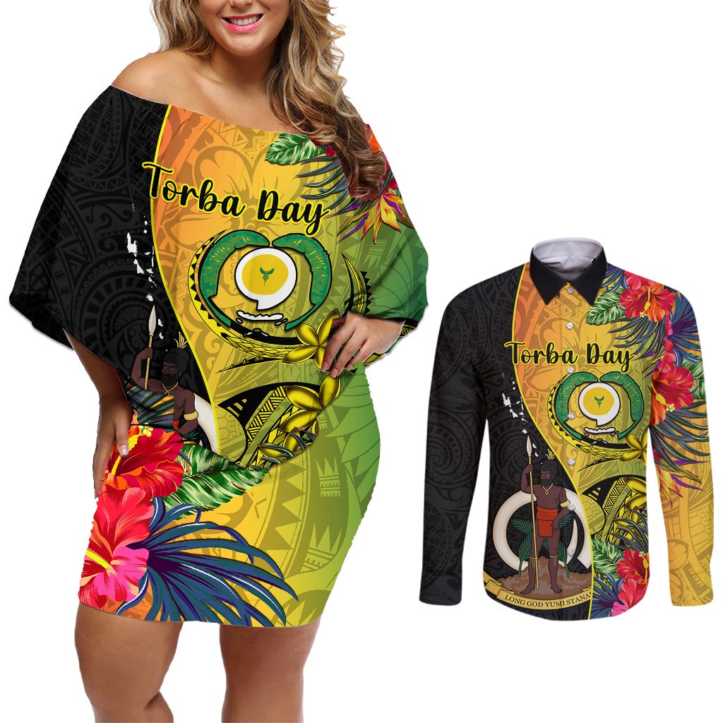 Personalised Vanuatu Torba Day Couples Matching Off Shoulder Short Dress and Long Sleeve Button Shirts Coat Of Arms Mix Tropical Flowers LT14 Black - Polynesian Pride
