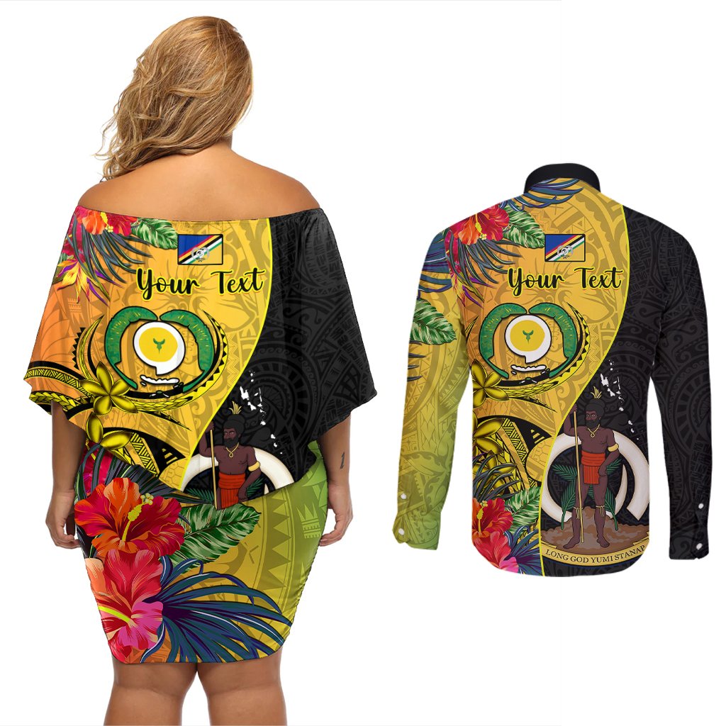 Personalised Vanuatu Torba Day Couples Matching Off Shoulder Short Dress and Long Sleeve Button Shirts Coat Of Arms Mix Tropical Flowers LT14 - Polynesian Pride