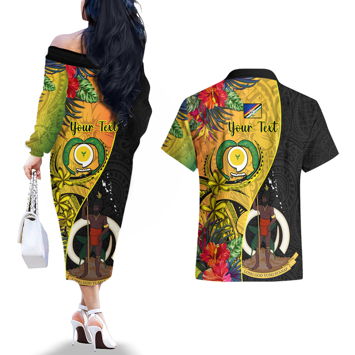 personalised-vanuatu-torba-day-couples-matching-off-the-shoulder-long-sleeve-dress-and-hawaiian-shirt-coat-of-arms-mix-tropical-flowers