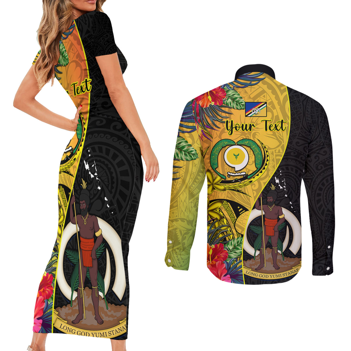 personalised-vanuatu-torba-day-couples-matching-short-sleeve-bodycon-dress-and-long-sleeve-button-shirts-coat-of-arms-mix-tropical-flowers