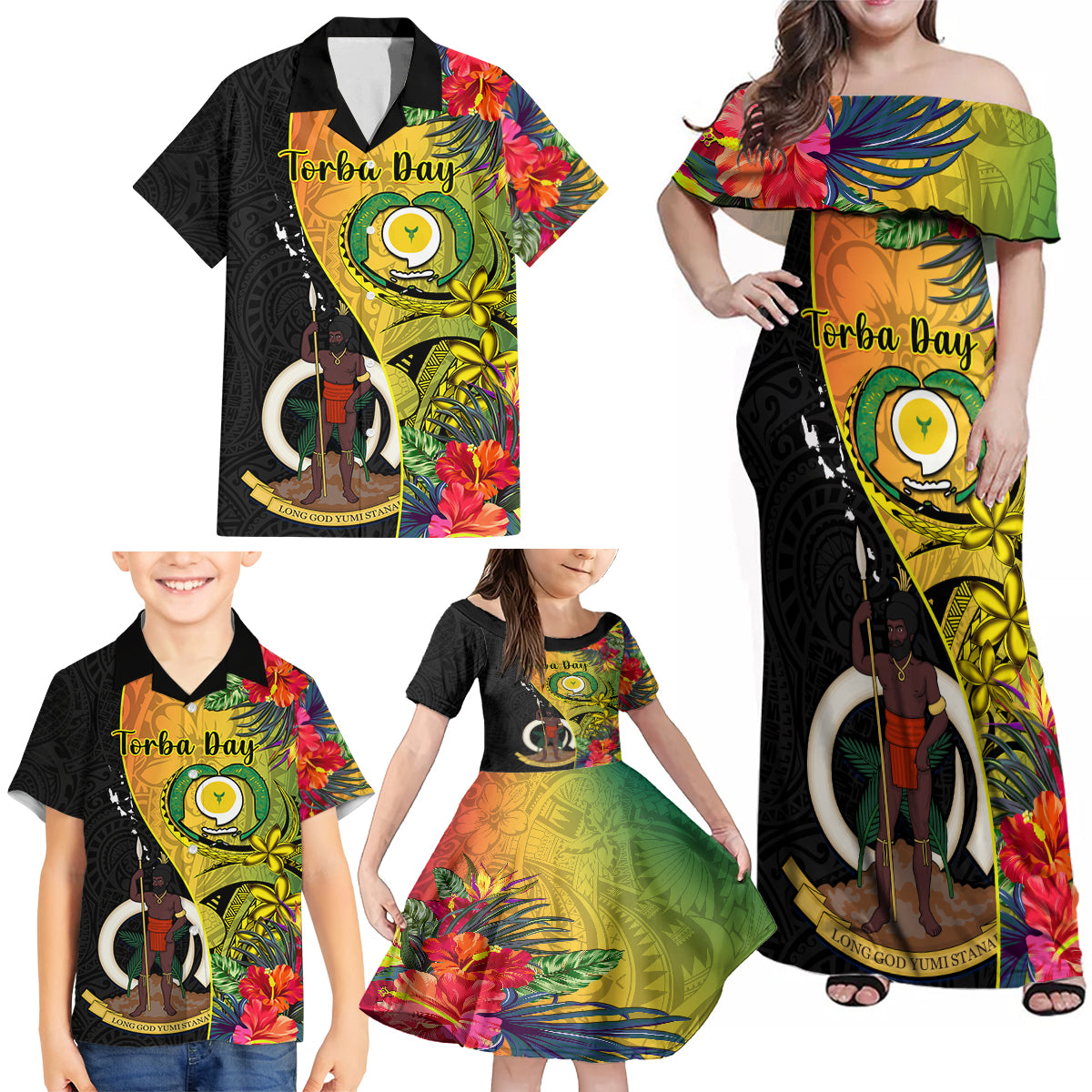 Personalised Vanuatu Torba Day Family Matching Off Shoulder Maxi Dress and Hawaiian Shirt Coat Of Arms Mix Tropical Flowers LT14 - Polynesian Pride