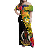 Personalised Vanuatu Torba Day Family Matching Off Shoulder Maxi Dress and Hawaiian Shirt Coat Of Arms Mix Tropical Flowers LT14 Mom's Dress Black - Polynesian Pride
