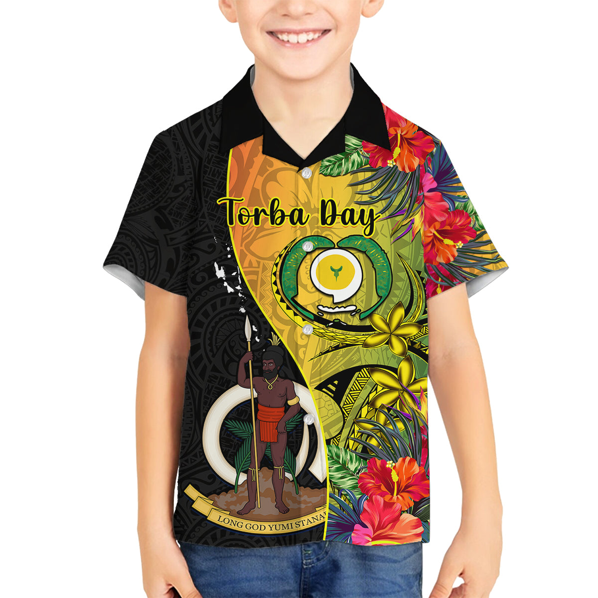 Personalised Vanuatu Torba Day Family Matching Puletasi Dress and Hawaiian Shirt Coat Of Arms Mix Tropical Flowers LT14 Son's Shirt Black - Polynesian Pride