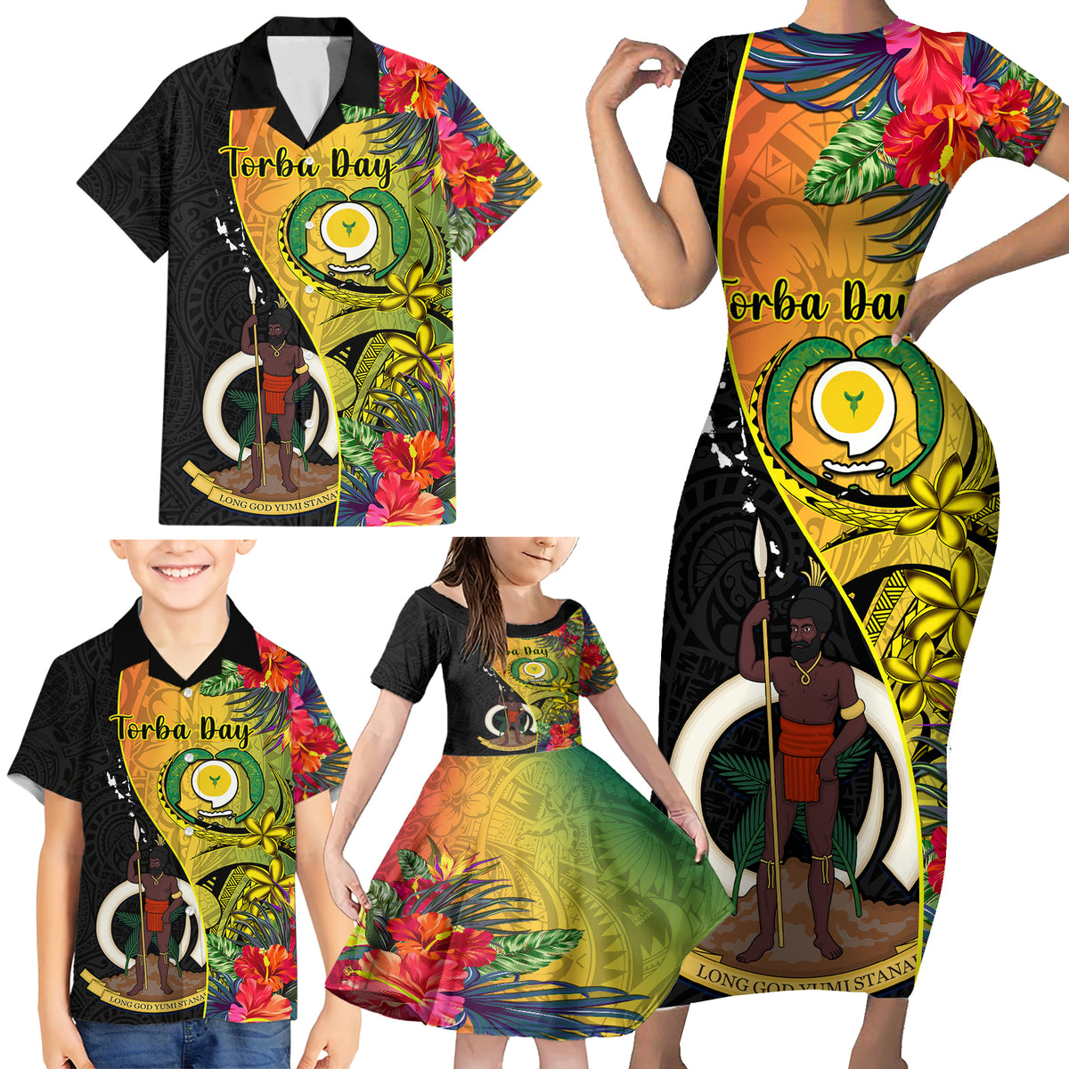 Personalised Vanuatu Torba Day Family Matching Short Sleeve Bodycon Dress and Hawaiian Shirt Coat Of Arms Mix Tropical Flowers LT14 - Polynesian Pride