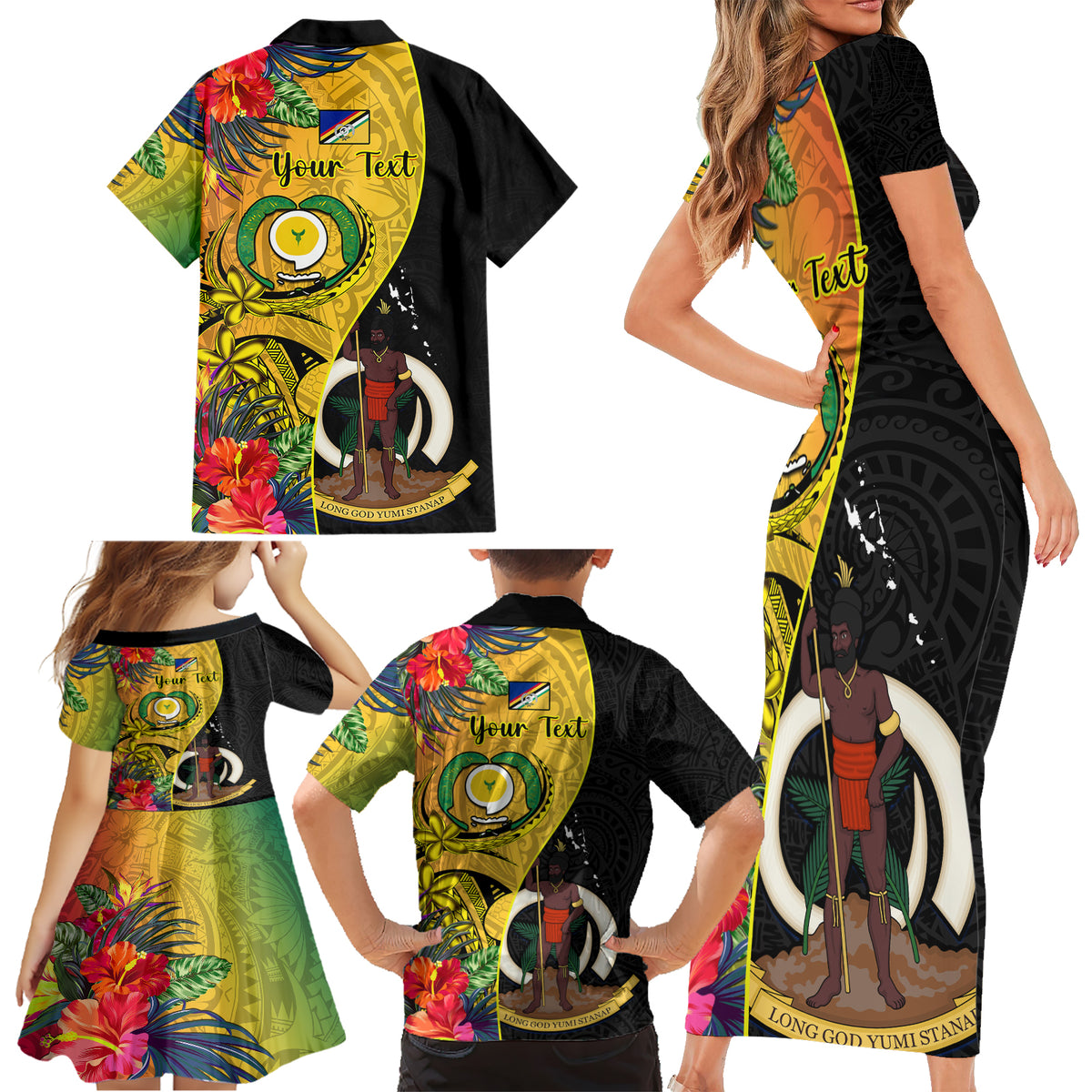 Personalised Vanuatu Torba Day Family Matching Short Sleeve Bodycon Dress and Hawaiian Shirt Coat Of Arms Mix Tropical Flowers LT14 - Polynesian Pride