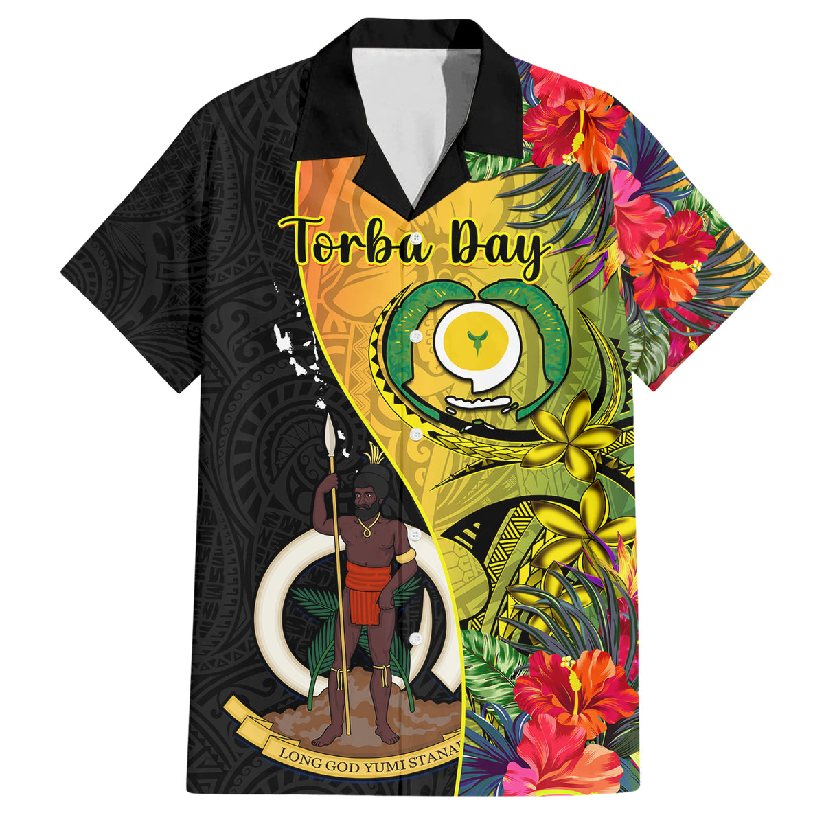 Personalised Vanuatu Torba Day Family Matching Short Sleeve Bodycon Dress and Hawaiian Shirt Coat Of Arms Mix Tropical Flowers LT14 Dad's Shirt - Short Sleeve Black - Polynesian Pride