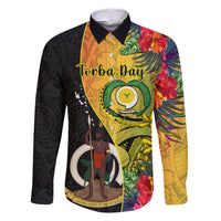 Personalised Vanuatu Torba Day Family Matching Short Sleeve Bodycon Dress and Hawaiian Shirt Coat Of Arms Mix Tropical Flowers LT14 Dad's Shirt - Long Sleeve Black - Polynesian Pride