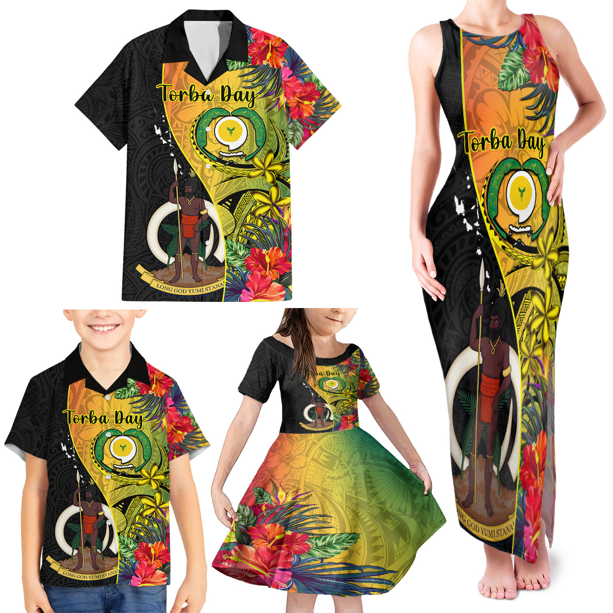 Personalised Vanuatu Torba Day Family Matching Tank Maxi Dress and Hawaiian Shirt Coat Of Arms Mix Tropical Flowers LT14 - Polynesian Pride