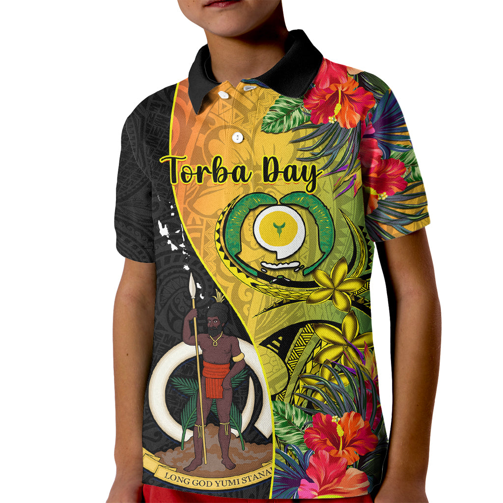 Personalised Vanuatu Torba Day Kid Polo Shirt Coat Of Arms Mix Tropical Flowers LT14 Kid Black - Polynesian Pride
