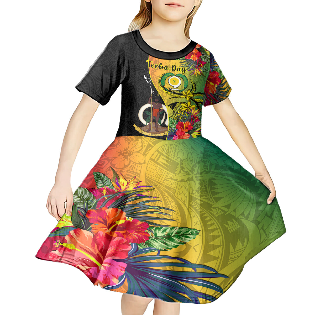 personalised-vanuatu-torba-day-kid-short-sleeve-dress-coat-of-arms-mix-tropical-flowers
