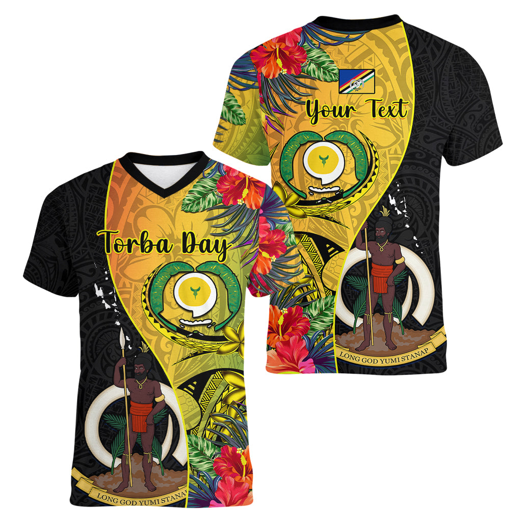 personalised-vanuatu-torba-day-women-v-neck-t-shirt-coat-of-arms-mix-tropical-flowers