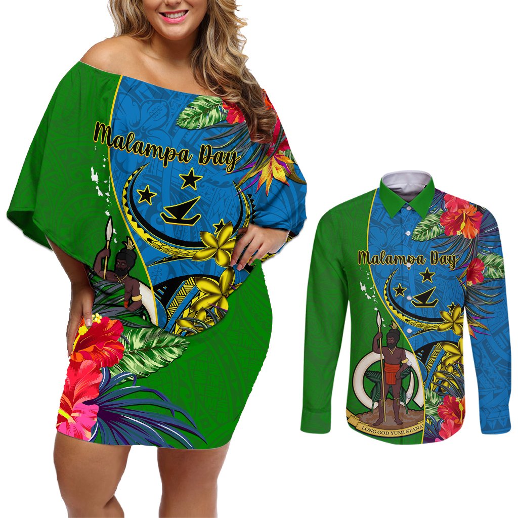 vanuatu-malampa-day-couples-matching-off-shoulder-short-dress-and-long-sleeve-button-shirts-coat-of-arms-mix-tropical-flowers