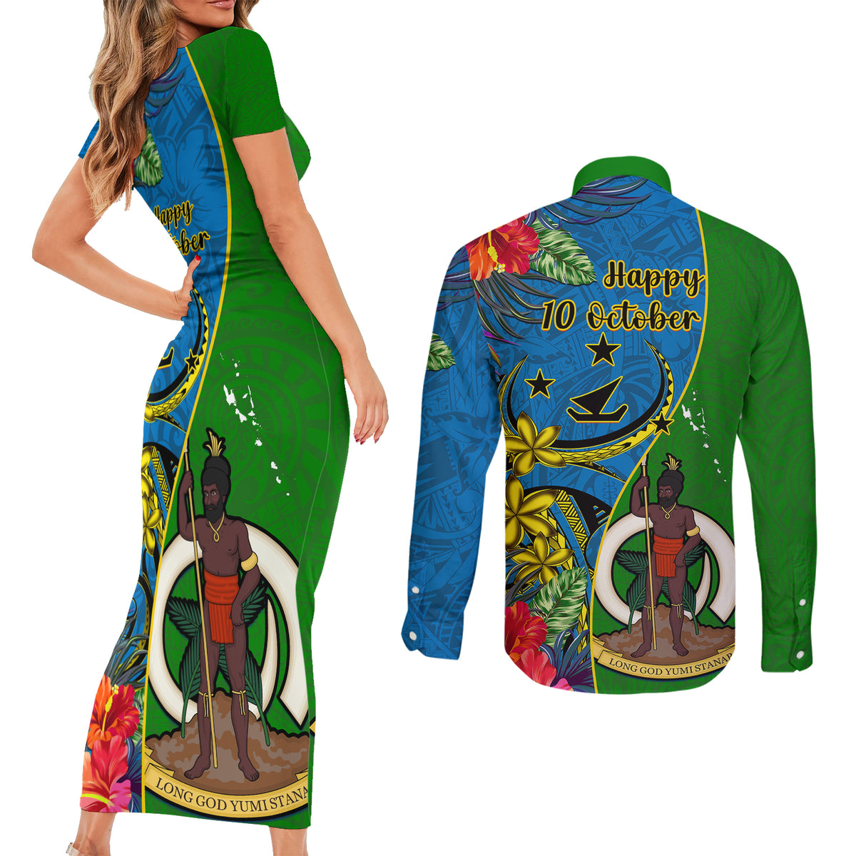 vanuatu-malampa-day-couples-matching-short-sleeve-bodycon-dress-and-long-sleeve-button-shirts-coat-of-arms-mix-tropical-flowers