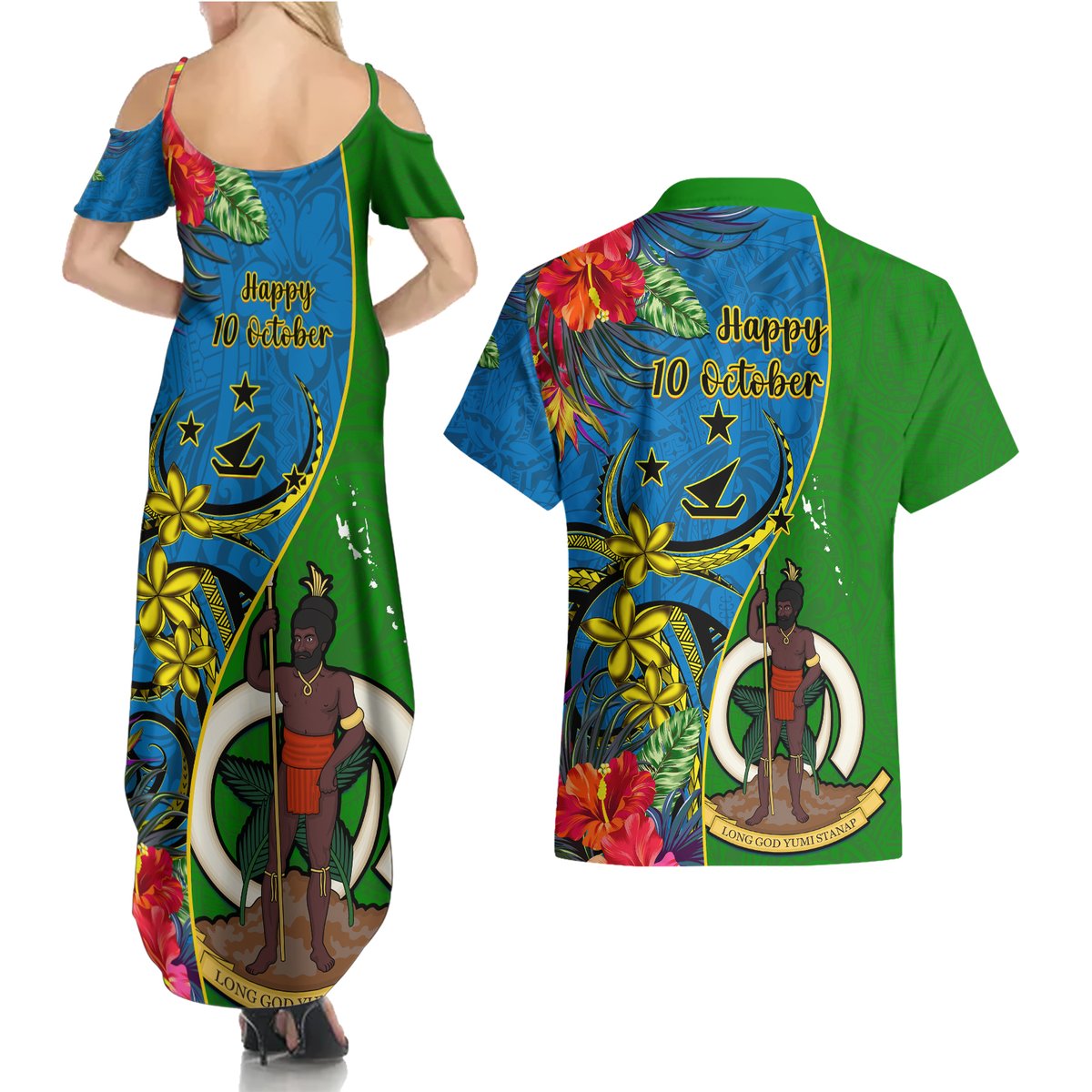 vanuatu-malampa-day-couples-matching-summer-maxi-dress-and-hawaiian-shirt-coat-of-arms-mix-tropical-flowers